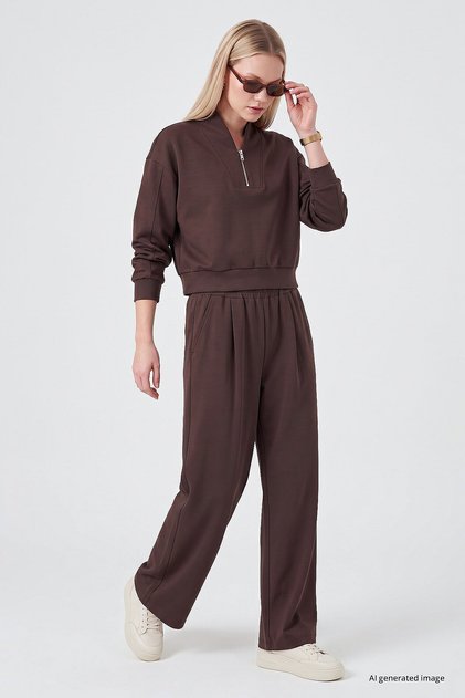 Brown Standard Fit Crop Wide Leg Women's Tracksuit Set - 95359