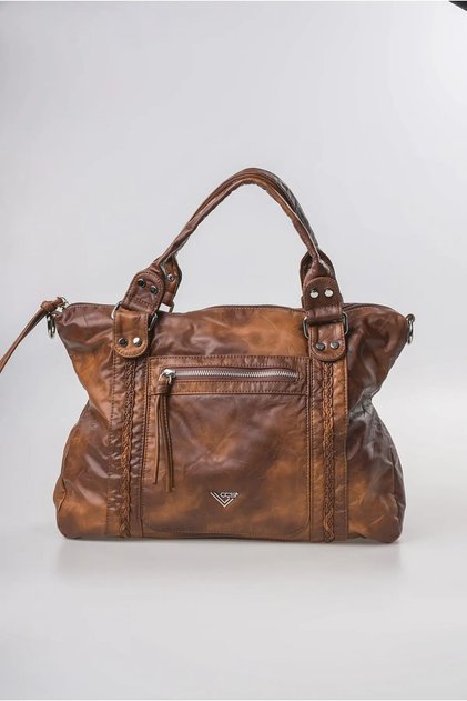 Women's Vintage Washed Leather Look Knitted Detailed Zippered Large Size Shoulder and Shoulder Bag Camel 18380