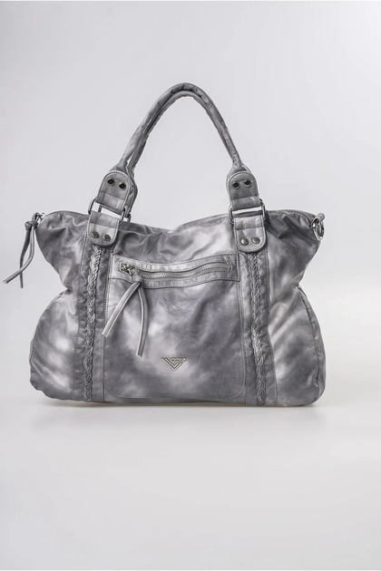Women's Vintage Washed Leather Look Knitted Detailed Zippered Large Size Shoulder and Shoulder Bag Gray 18380