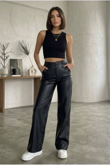 Pantaloni de damă din piele cu talie înaltă, cu 4 buzunare și fermoar, cu picior larg (CU DETALII INTERIOARE)