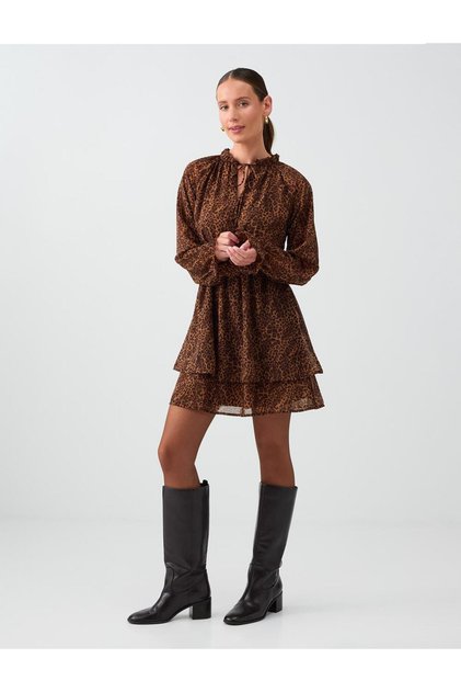 Brown Leopard Patterned Short Chiffon Dress with Gathered Waist