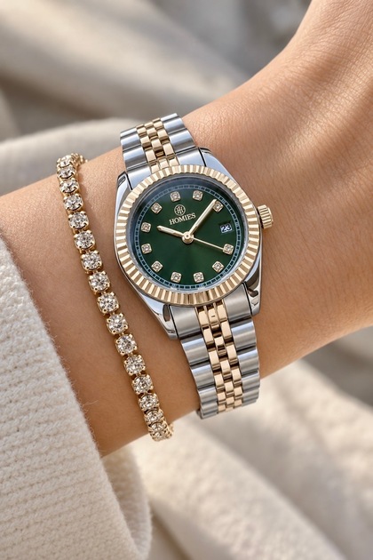Women's Wristwatch Gold and Silver Steel Band Stone-Studded Calendar Green Dial 27mm + Special Box and Bracelet Gift.Hm28635S01-5