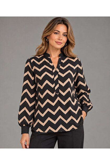 Women's Shirt Collar Long Sleeve Sporty Stylish Curve Satin Look Patterned Blouse