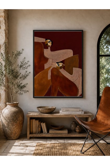 Bordo Modern Figürler Çerçeveli MDF Baskı Sanat Tablosu