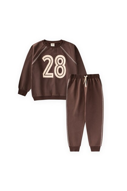 Şardonlu Karyoka Detaylı Baskılı Sweatshirt Takım 2-10 Yaş Kahverengiİ