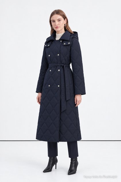 Quilted Mobile Hooded Belted Double-Breasted Navy Blue Coat 14228