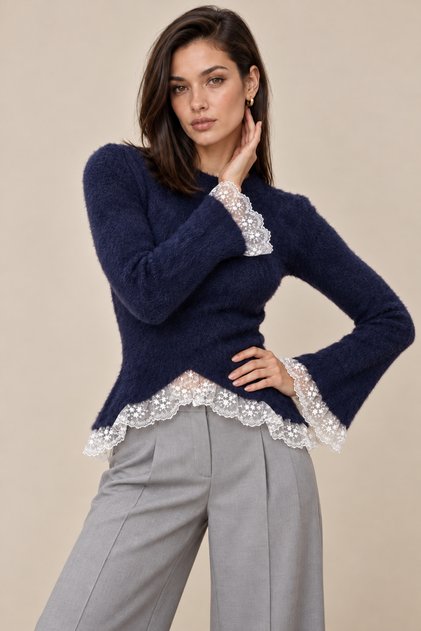 Women's Romantic Curved Cut Knitwear Sweater with Lace Detail on Sleeves and Hem