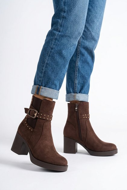 Torem Belt Trok Detailed Elastic Zippered Women's Heeled Boots Brown Suede