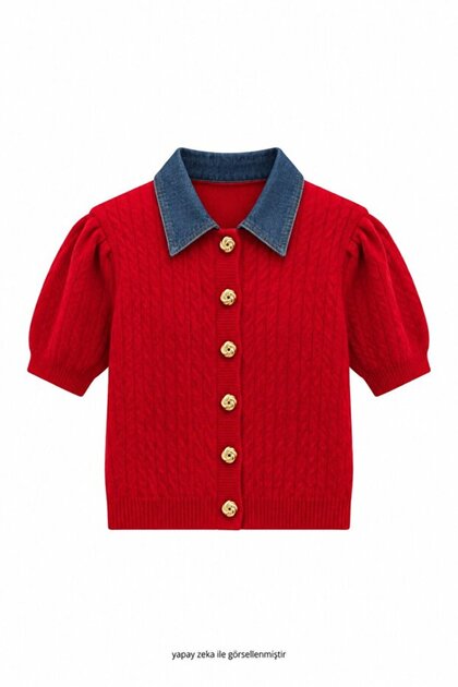 Denim Collared Red Knitwear Cardigan
