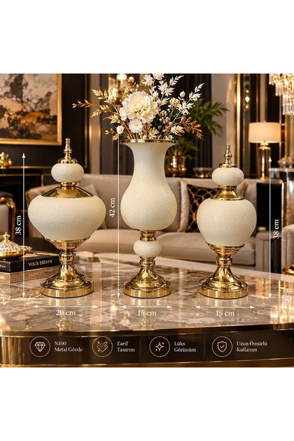 3 Parça beyaz Gold Dekoratif Obje Seti – Lüks Salon, Konsol ve Sehpa Dekoru