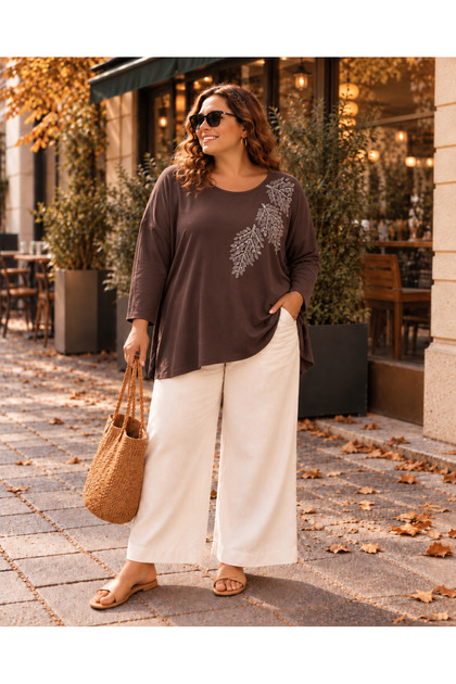 Battal Elegant Women's Stone Embellished Viscose Flexible Long Sleeve Plus Size Blouse