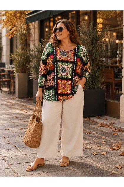 Battal Elegant Women's Patterned Viscose Flexible Long Sleeve Plus Size Blouse