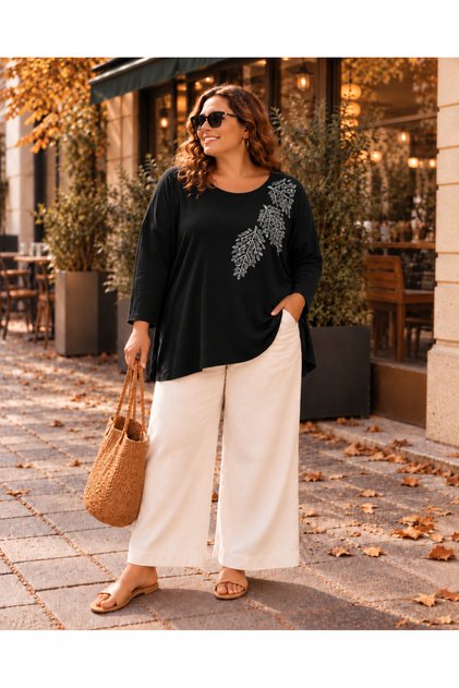 Battal Elegant Women's Stone Embellished Viscose Flexible Long Sleeve Plus Size Blouse
