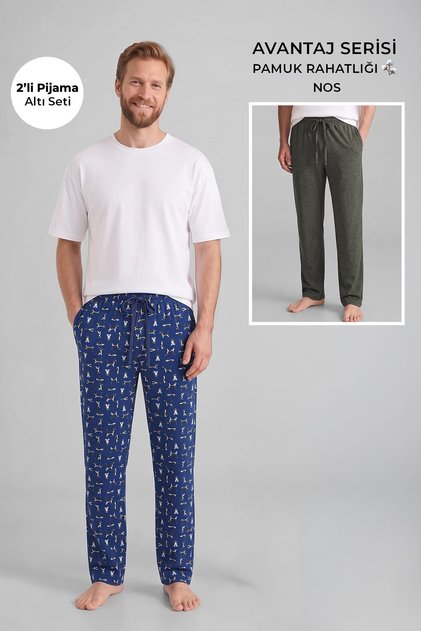 Egyptian Cotton Men's Double Bottom Pajamas Printed Navy Blue-Green Melange