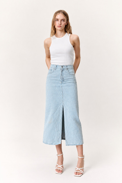 Women's Stoned Slit Ice Blue Tight Long Denim Skirt
