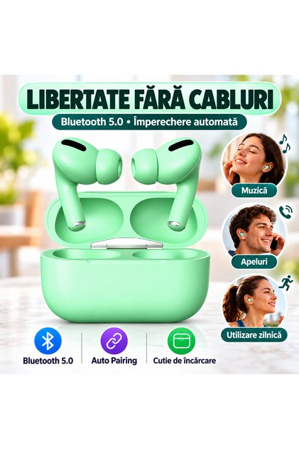 Casti Bluetooth MinPods3, display LCD, Bluetooth 5.0, Verde