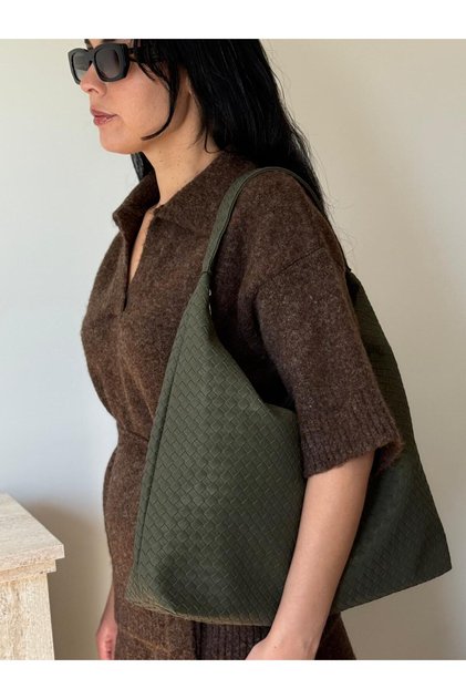 Women's Suede Zakkum Model Casual Shoulder Bag with Knitted Detail