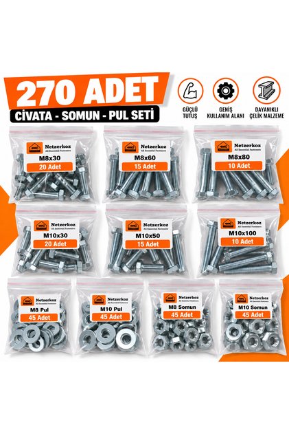 270 adet 10 çeşit Cıvata, Somun ve Pul seti (M8, M10) - 90 adet Cıvata , 90 Adet Somun, 90 Adet Pul