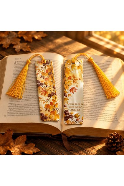 Semn de Carte din Aluminiu Fata-Verso – Matei 5:8 – Ferice de cei cu inima curata – Design Autumn Floral – RAZADE