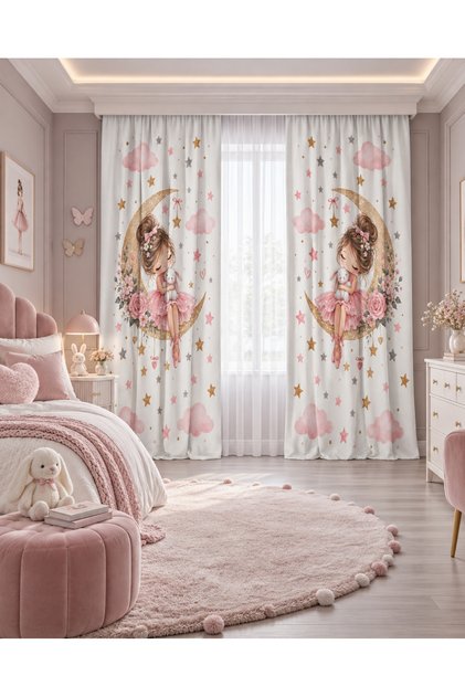 Princess Rabbit on the Moon Double Winged Background Curtain with Flower and Star Pattern