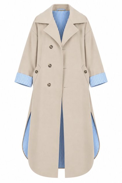 Beige Striped Lining Detailed Side Slit Trench Coat - 4273