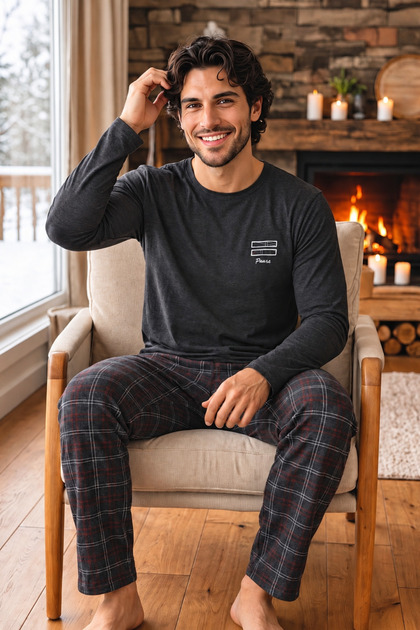 Cotton Soft Touch Anthracite Long Sleeve Men's Pajama Set