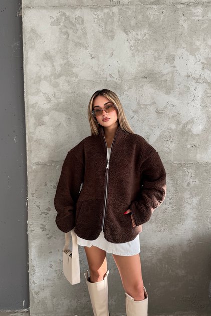 Kadın Premium Oversize Teddy Peluş Ceket Dik Yaka Fermuarlı Kuzu Kürk Görünümlü