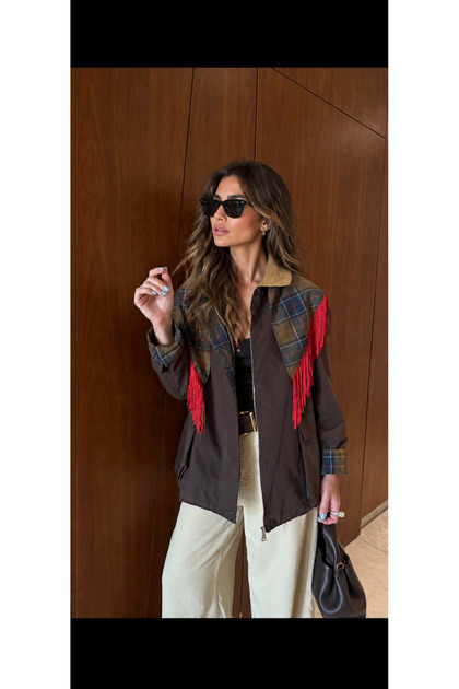 Acıkahve Plaid Lined Velvet Collar Trench Coat with Tassel Shawl