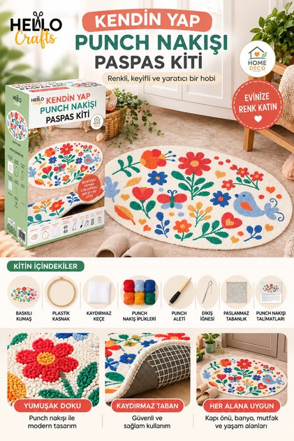 Kendin Yap Punch Nakışı Paspas Kiti – Bahar Çiçekleri Desenli Oval Paspas Yapım Seti, Punch İğnesi ve DIY Hobi Seti