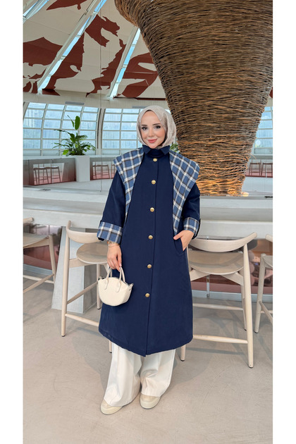 Plaid Detailed Quilted Long Women's Trench Coat