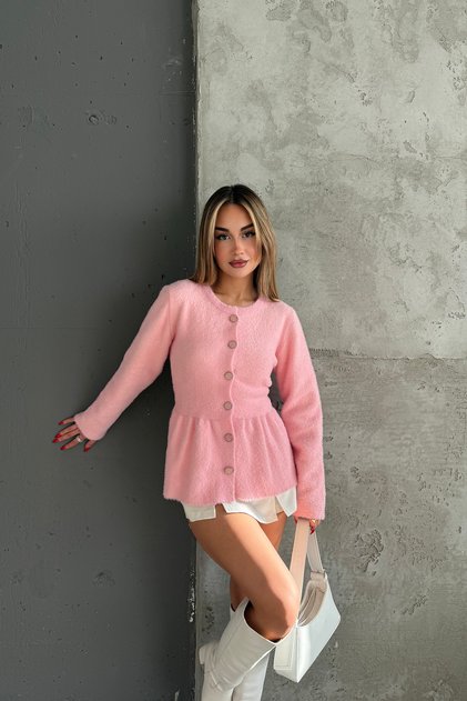 Kadın Angora Triko Premıum Hırka Düğmeli Yuvarlak Yaka Fırfırlı Peplum