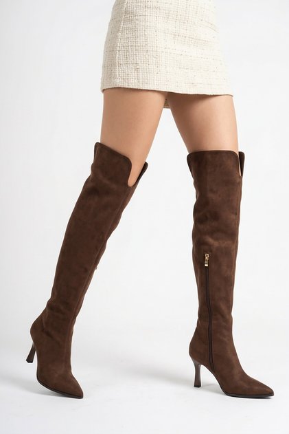 Hureta Long Pointed Toe Thin Heeled Women's Boots Brown Suede