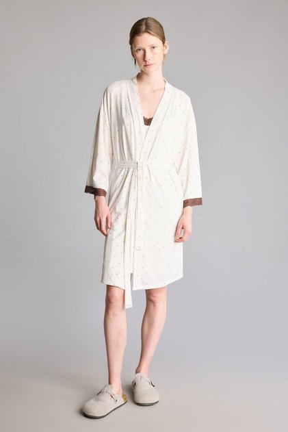 Regular Fit Wrap Collar Lace Detailed Belted Dressing Gown I9820Ax26Au