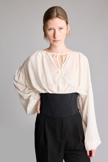 Lace Detailed Crop Crepe Long Sleeve Basic Blouse I9661Ax26Wn