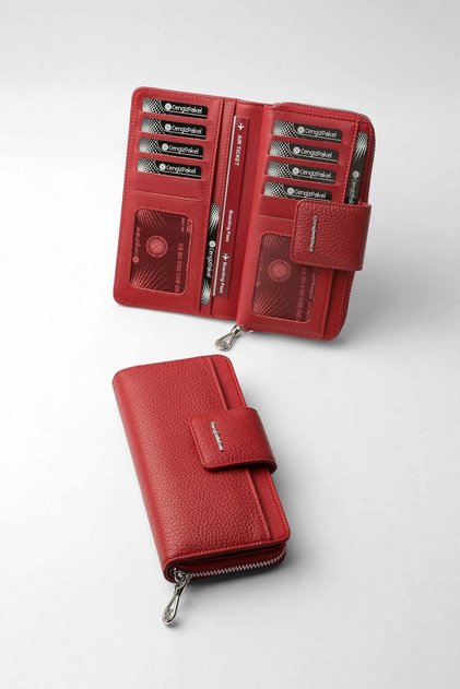 Genuine Leather Women's Wallet with Horizontal Zipper and Magnet Red - 65280