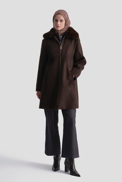 Fur Collared Cashmere Coat Brown