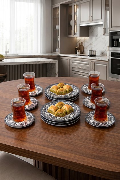 18-Piece Black Patterned Cake and Tea Set for 6 People – 6 Tea Cups, 6 Tea Plates, 6 Cake Plates