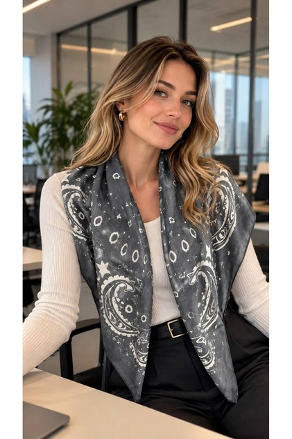 Anthracite Cotton Kujten Shawl Patterned Women's Shoulder Shawl 90X90 cm