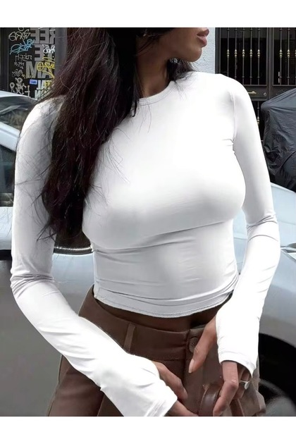 Diver Fabric Finger Detailed Crew Neck Blouse G-9134