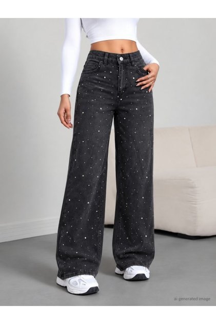 Women's High Waist Stone Detailed Wide Leg Jeans with Pocket Detail