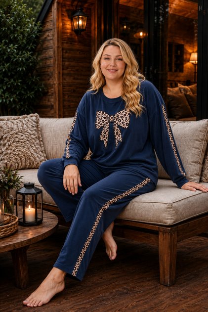Velvet Navy Blue Bow Embroidered Leopard Patterned Interlaced Long Sleeve Crew Neck Plus Size Women's Pajama Set