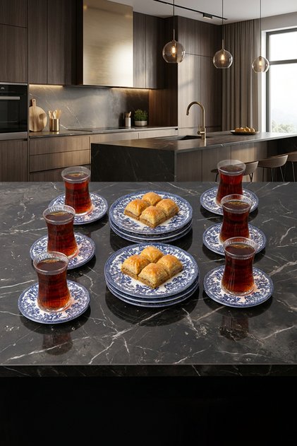 18-Piece 6-Person Navy Blue Patterned Cake and Tea Set – 6 Tea Cups, 6 Tea Plates, 6 Cake Plates