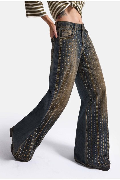 Women's T-2W6-8 Palazzo Fit Shiny Stone Design Denim Jean