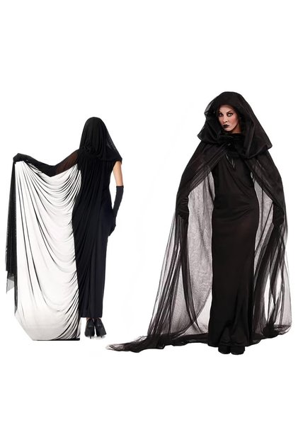Halloween Women's Black Hooded Cape,Costume Black Long Veil Tulle Ghost Bride Costume,Holidays Costume Adult Cloak, Cosplay Sorceress Costume Witch Black Dress