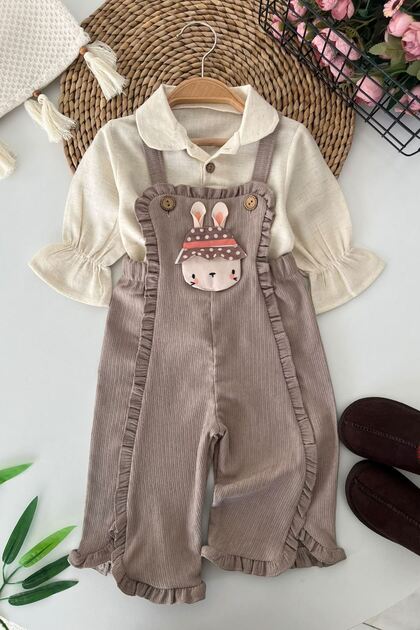 Baby Girl 2-Piece Set with Rabbit Appliqué and Ruffle Detail Velvet Overalls - Mink