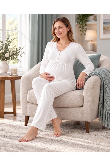 Maternity Viscose Pajama Set Long Sleeve Lace Detailed Breastfeeding Compatible 25-15