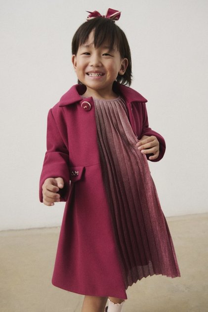Girl Child 5-9 Years Old Winter Cashmere Coat with Pocket Detail, Plum
