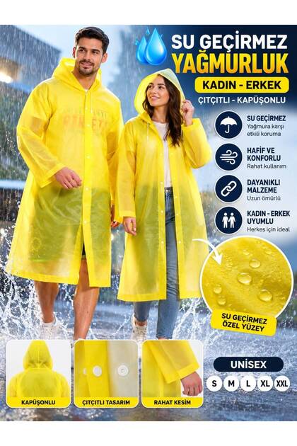Su Geçirmez Sarı Yağmurluk Kadın Erkek Unisex Kapüşonlu Çıtçıtlı Uzun Boy Yetişkin Yağmurluğu