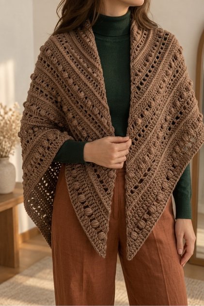 Hand-Knitted Brown Triangle Shawl – 58% Alpaca, 14% Merino Wool, Openwork and Peanut Patterned Women's Shoulder Shawl