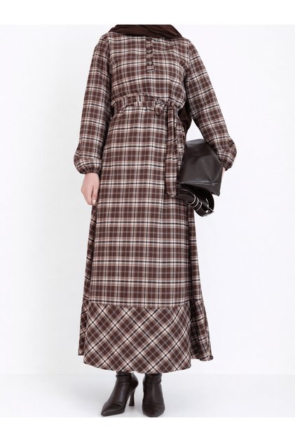 Half Buttoned Small Plaid Pattern Dress - Camel & Coffee